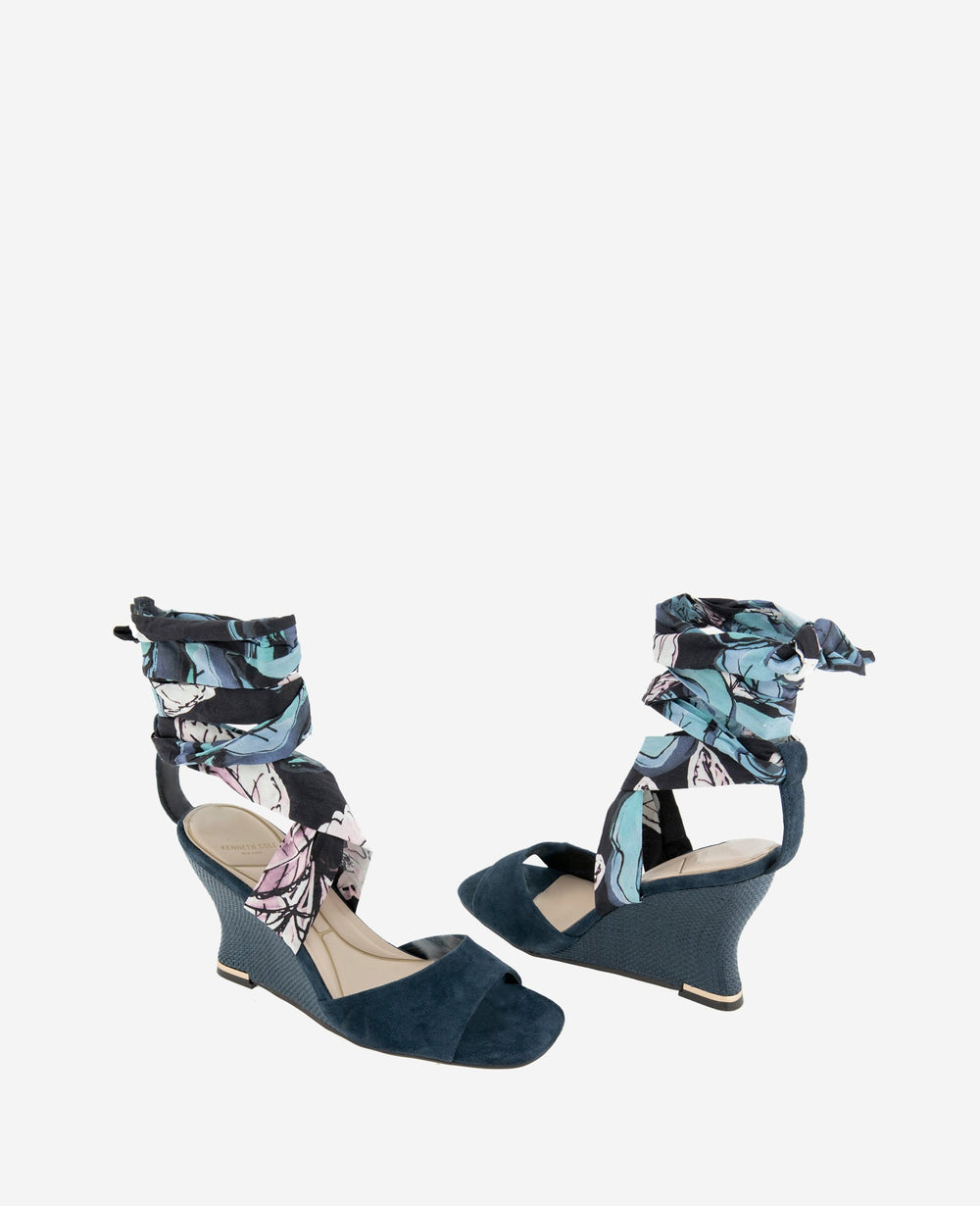 Fabia Printed Fabric Wrap Around Suede & Raffia Wedge | Kenneth Cole NAVY SUEDE