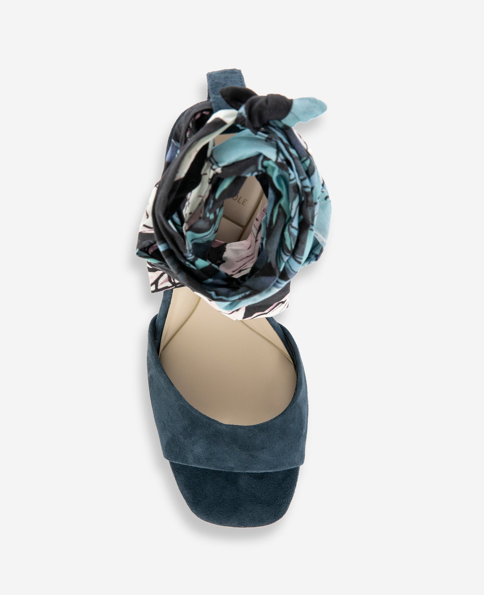 Fabia Printed Fabric Wrap Around Suede & Raffia Wedge | Kenneth Cole NAVY SUEDE