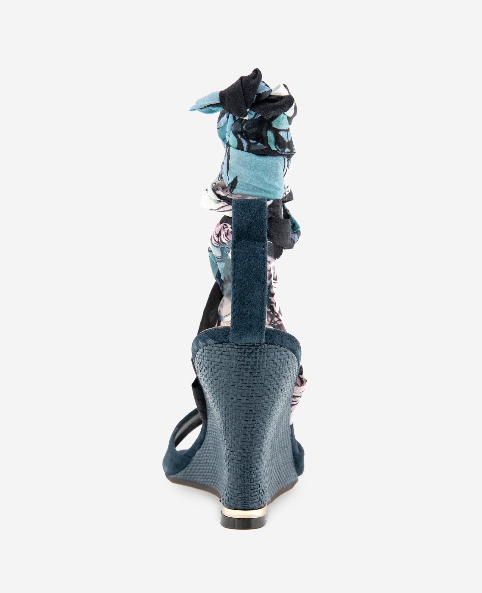 Fabia Printed Fabric Wrap Around Suede & Raffia Wedge | Kenneth Cole NAVY SUEDE