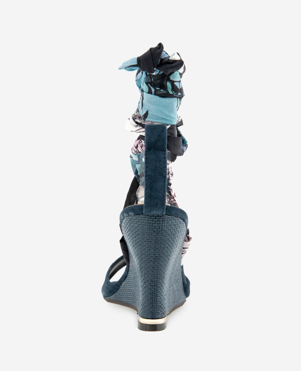 Fabia Printed Fabric Wrap Around Suede & Raffia Wedge | Kenneth Cole NAVY SUEDE