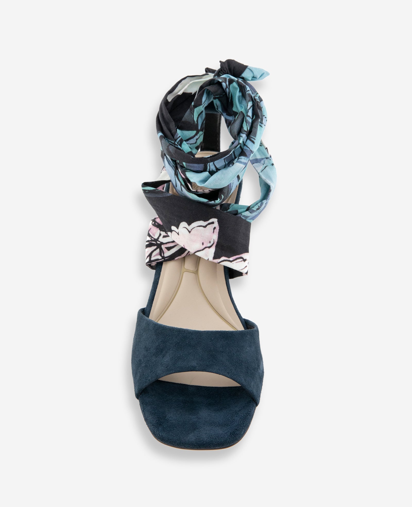 Fabia Printed Fabric Wrap Around Suede & Raffia Wedge | Kenneth Cole NAVY SUEDE
