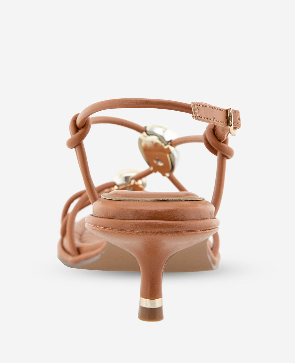 Gemma Embellished Strappy Leather Kitten Heel Sandal | Kenneth Cole TAN