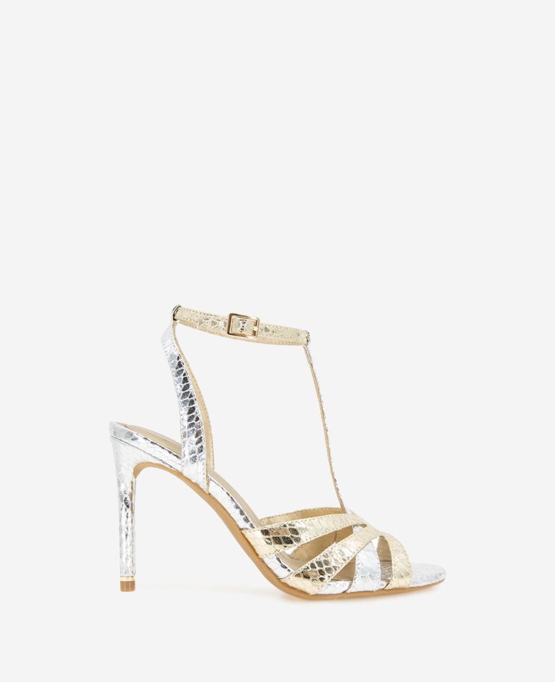 Shop Liona Metallic Snake Print Heel – Silver & Gold | KC | Kenneth Cole SILVER/GOLD METALLIC