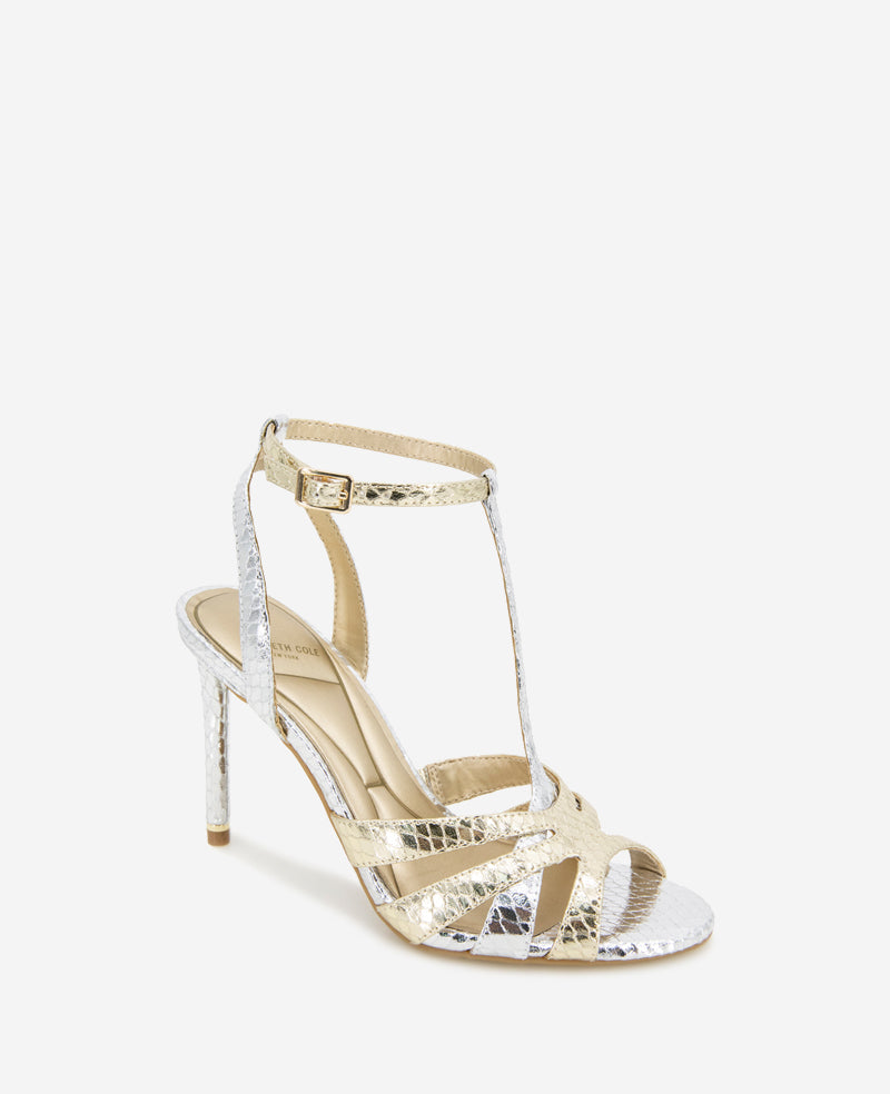 Shop Liona Metallic Snake Print Heel – Silver & Gold | KC | Kenneth Cole SILVER/GOLD METALLIC