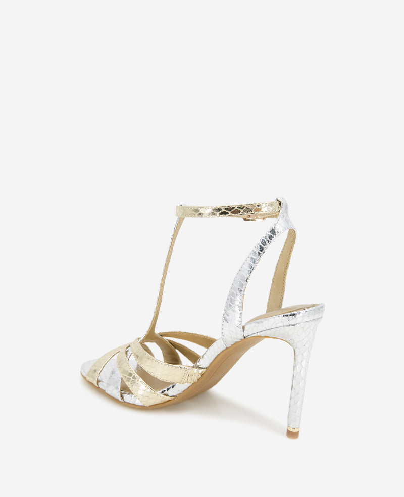 Shop Liona Metallic Snake Print Heel – Silver & Gold | KC | Kenneth Cole SILVER/GOLD METALLIC