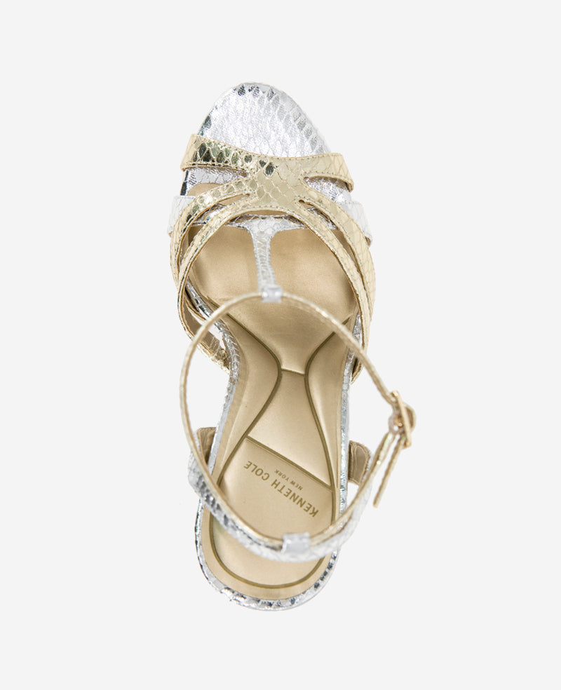 Shop Liona Metallic Snake Print Heel – Silver & Gold | KC | Kenneth Cole SILVER/GOLD METALLIC