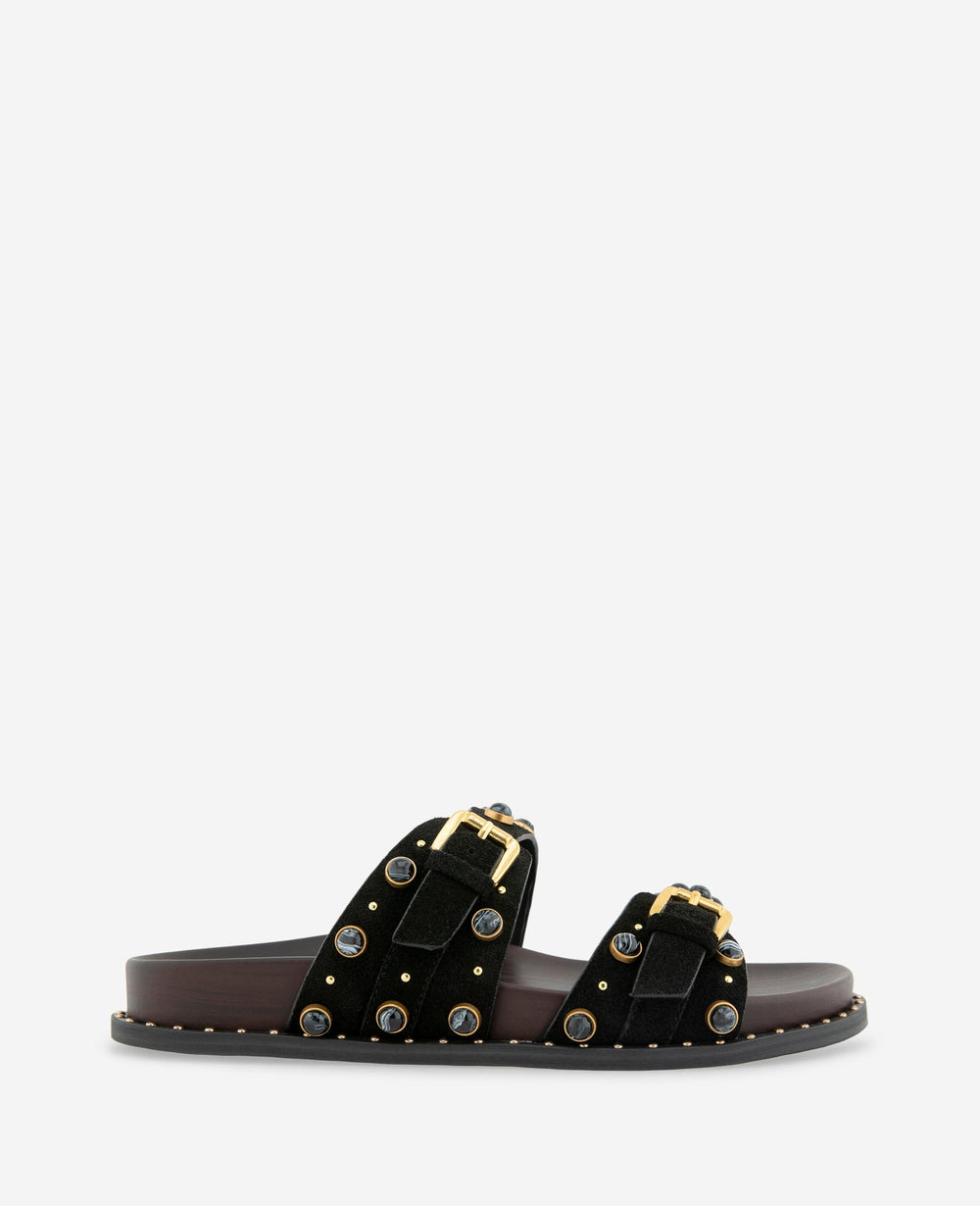 Deardra Leather Double Buckle Band Slide | Kenneth Cole BLACK SUEDE