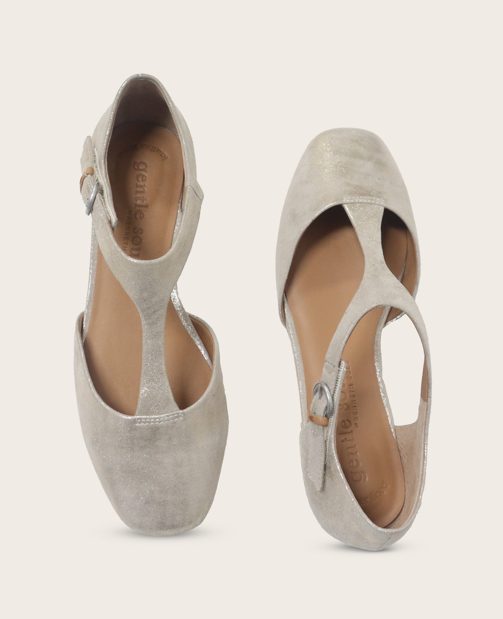 Wyatt Metallic T-Strap Flat in Gravel | Gentle Souls KC | Kenneth Cole GRAVEL LEATHER
