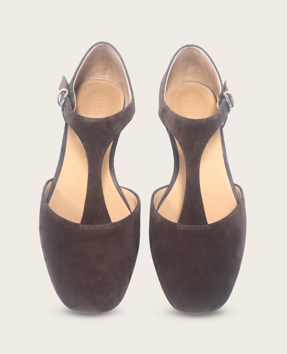 Wyatt Suede T-Strap Flat in Chocolate | Gentle Souls KC | Kenneth Cole CHOCOLATE SUEDE