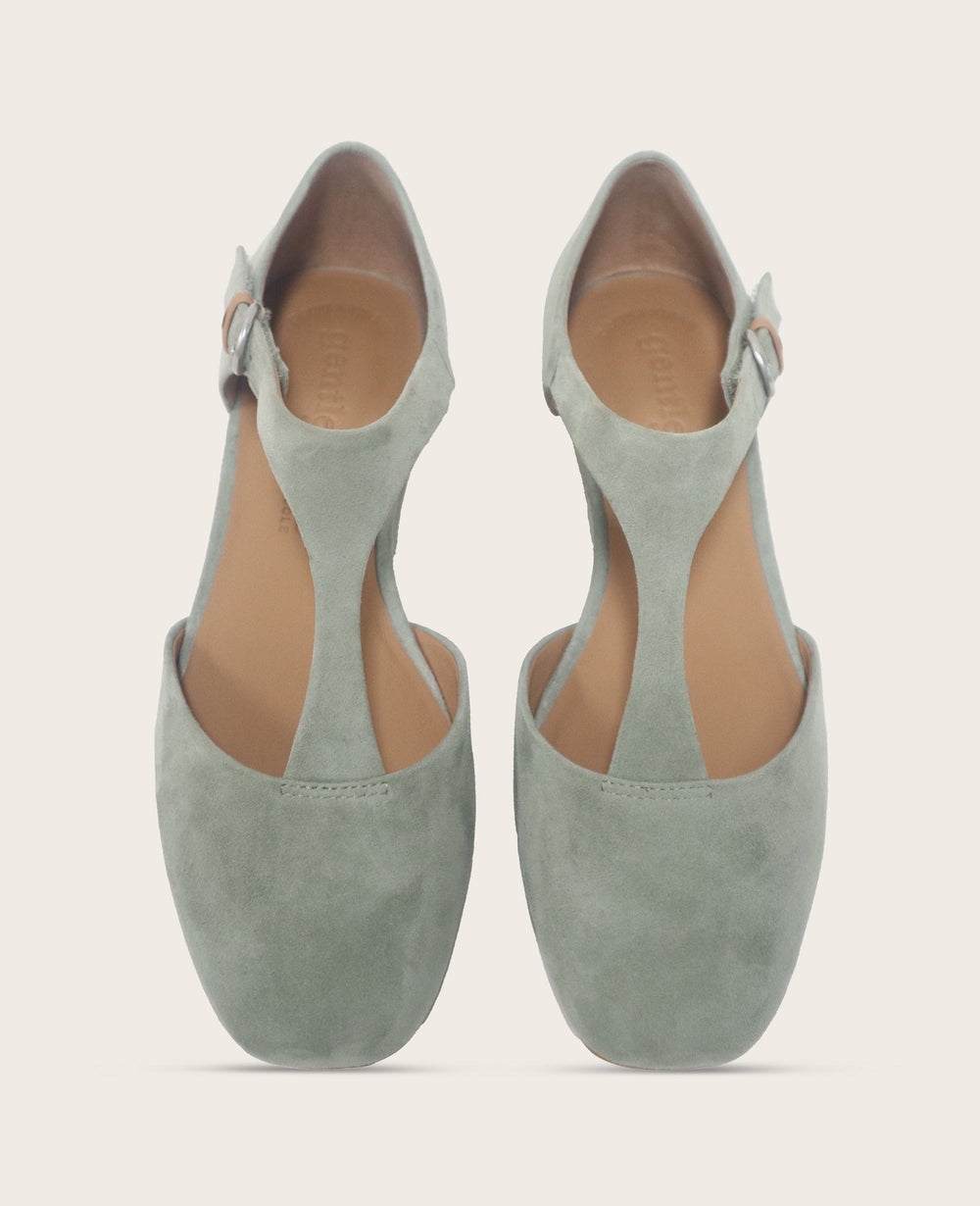 Wyatt Suede T-Strap Flat in Sage | Gentle Souls by KC | Kenneth Cole SAGE SUEDE