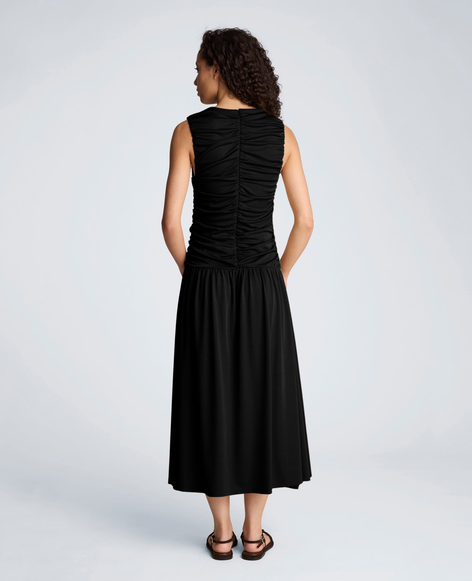 Drawstring Ruched A-Line Midi Milano Jersey Dress | Kenneth Cole BLACK