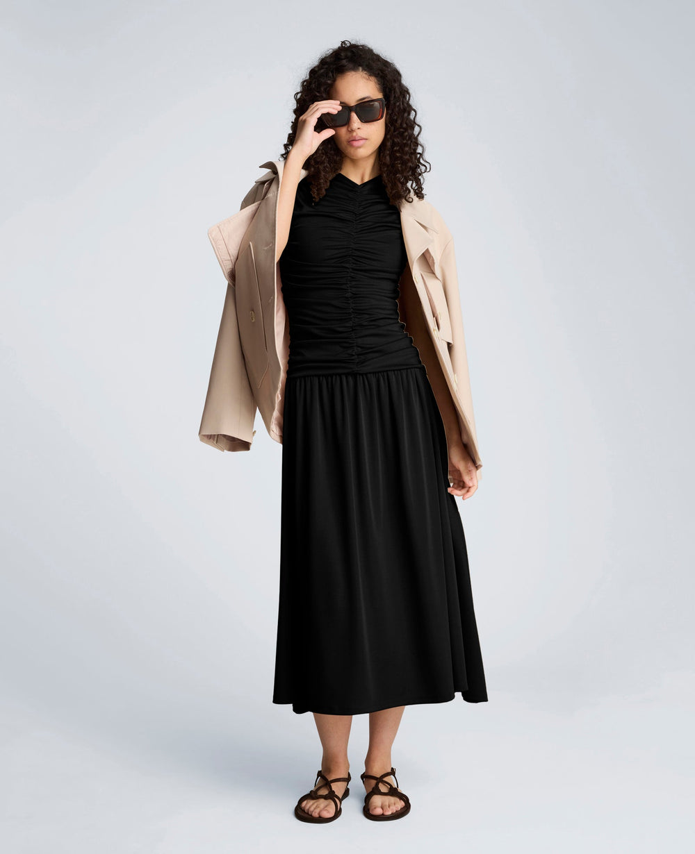 Drawstring Ruched A-Line Midi Milano Jersey Dress | Kenneth Cole BLACK