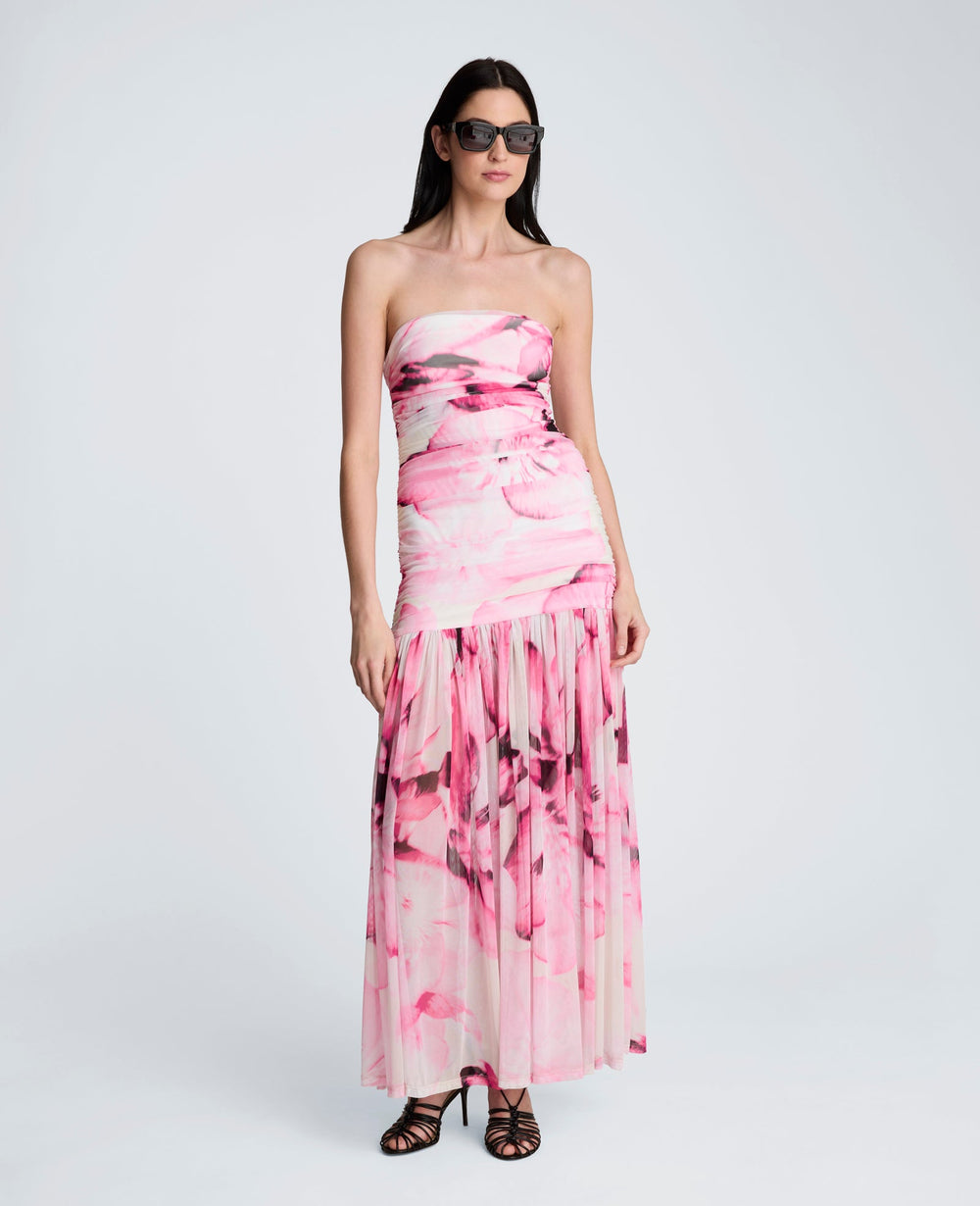 Printed Mesh Strapless Maxi Dress | Kenneth Cole POP PINK MULTI