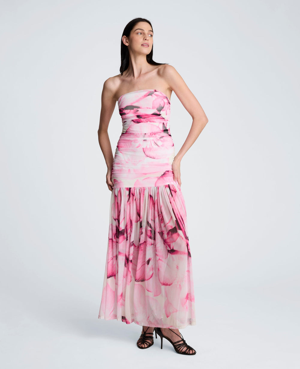 Printed Mesh Strapless Maxi Dress | Kenneth Cole POP PINK MULTI