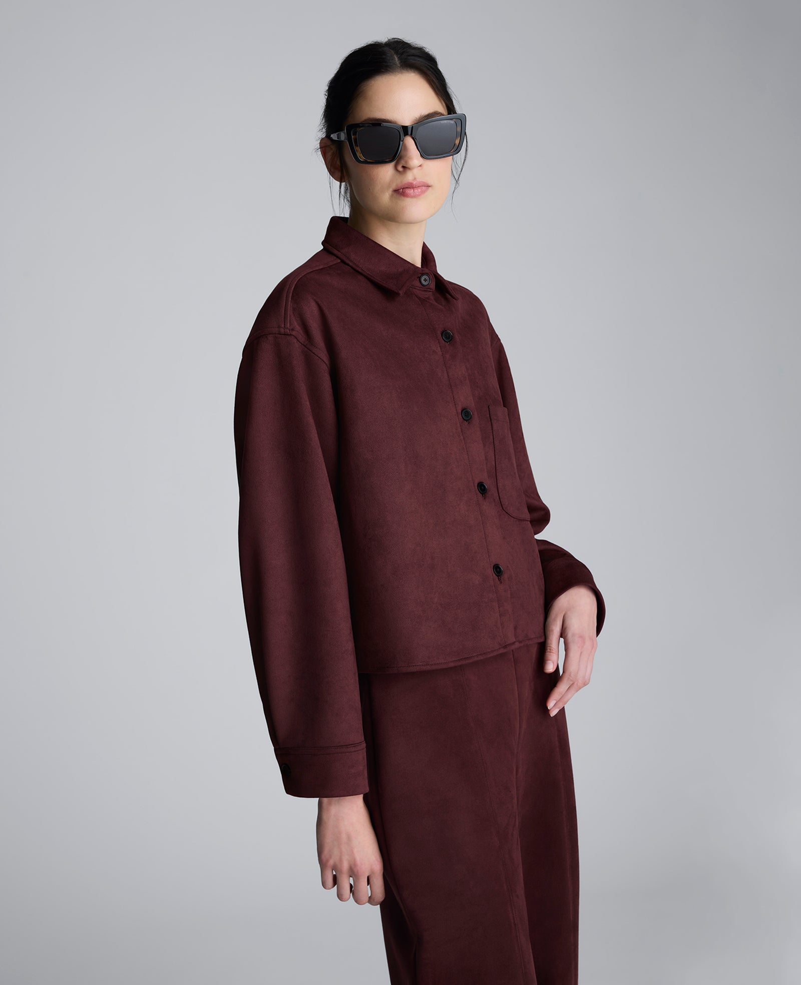 Faux Suede Button Front Cropped Knit Shirt | Kenneth Cole SUGAR BEET
