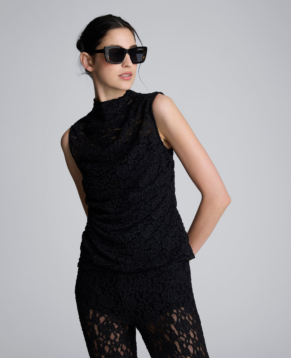 Sleeveless Stretch Lace Mock Neck Top | Kenneth Cole BLACK