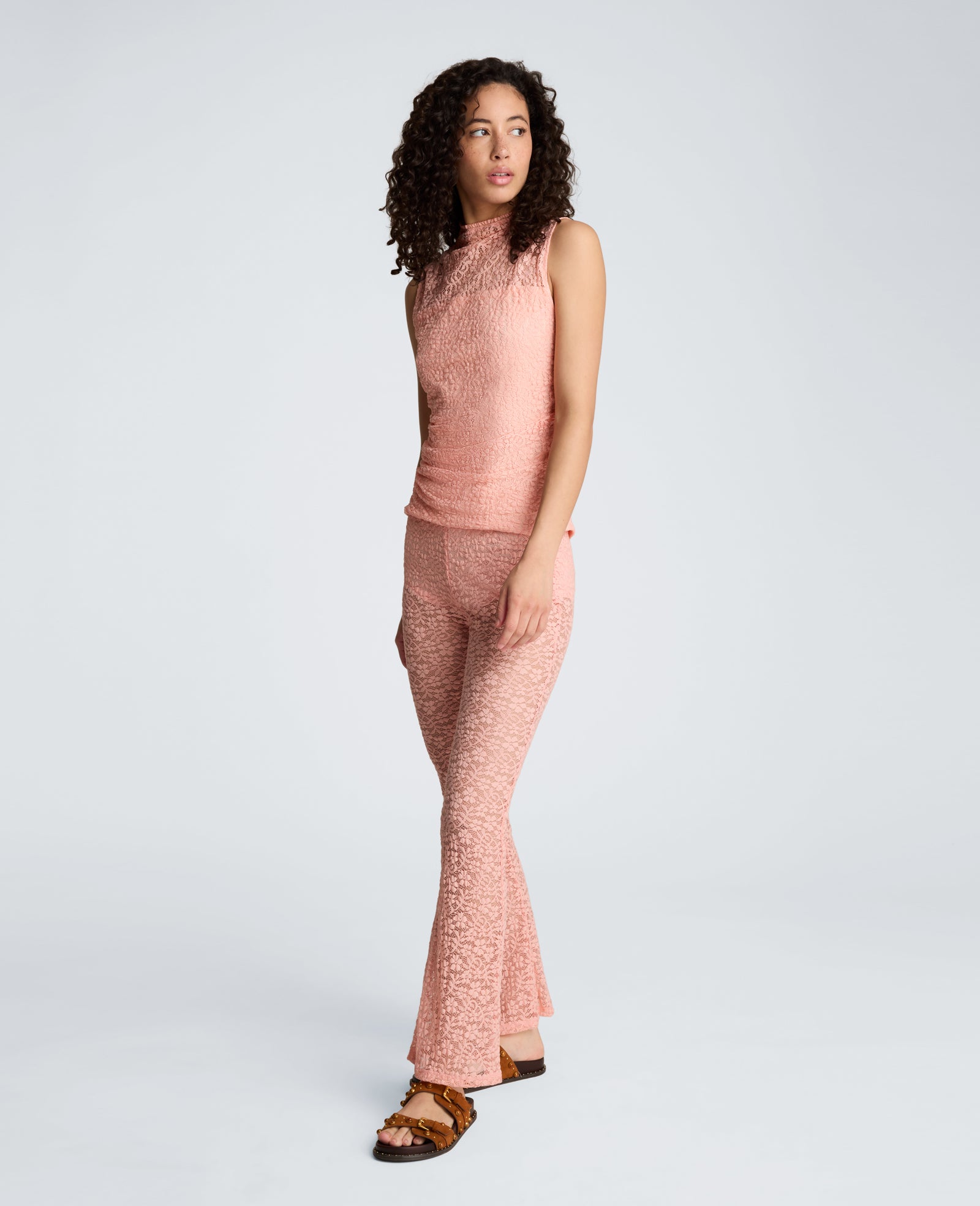 Stretch Lace Front Drape Mock Neck Tank | Kenneth Cole SOFT PEACH
