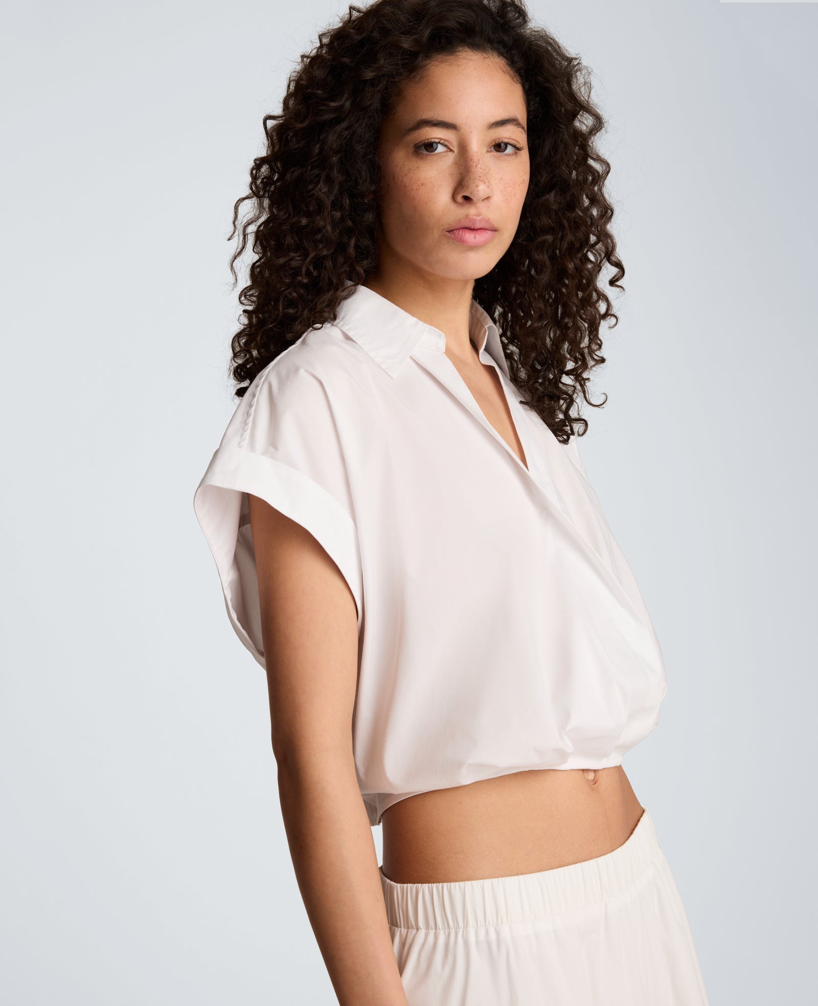 Pleat Crossover Front Cropped Shirt | Kenneth Cole PURE WHITE