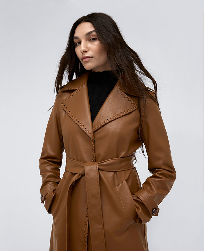 Faux Leather Belted Trench Coat – Cognac | Kenneth Cole | Kenneth Cole COGNAC