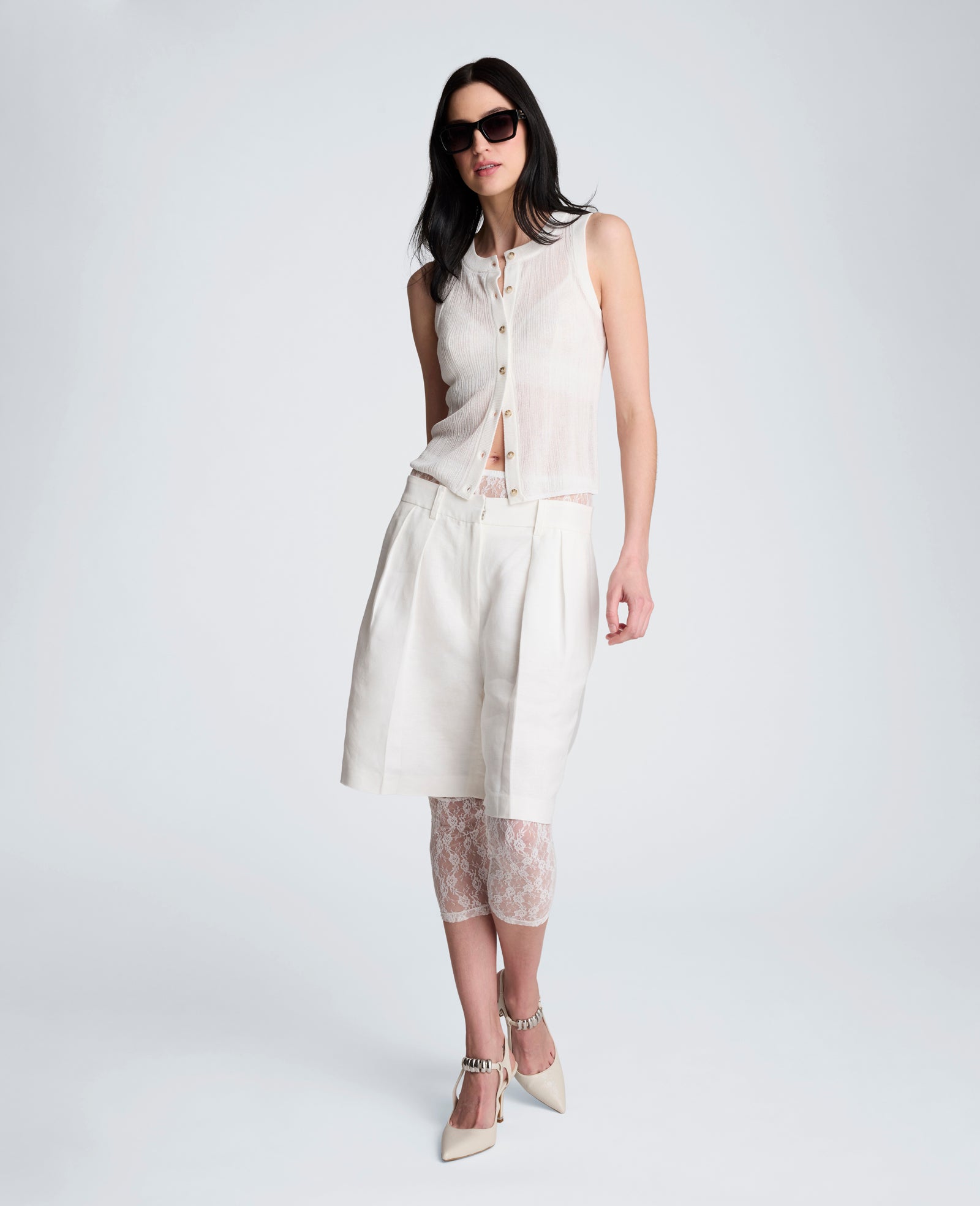 Fly Front High Rise Pleated Short Bermuda Refined Linen Short | Kenneth Cole PURE WHITE