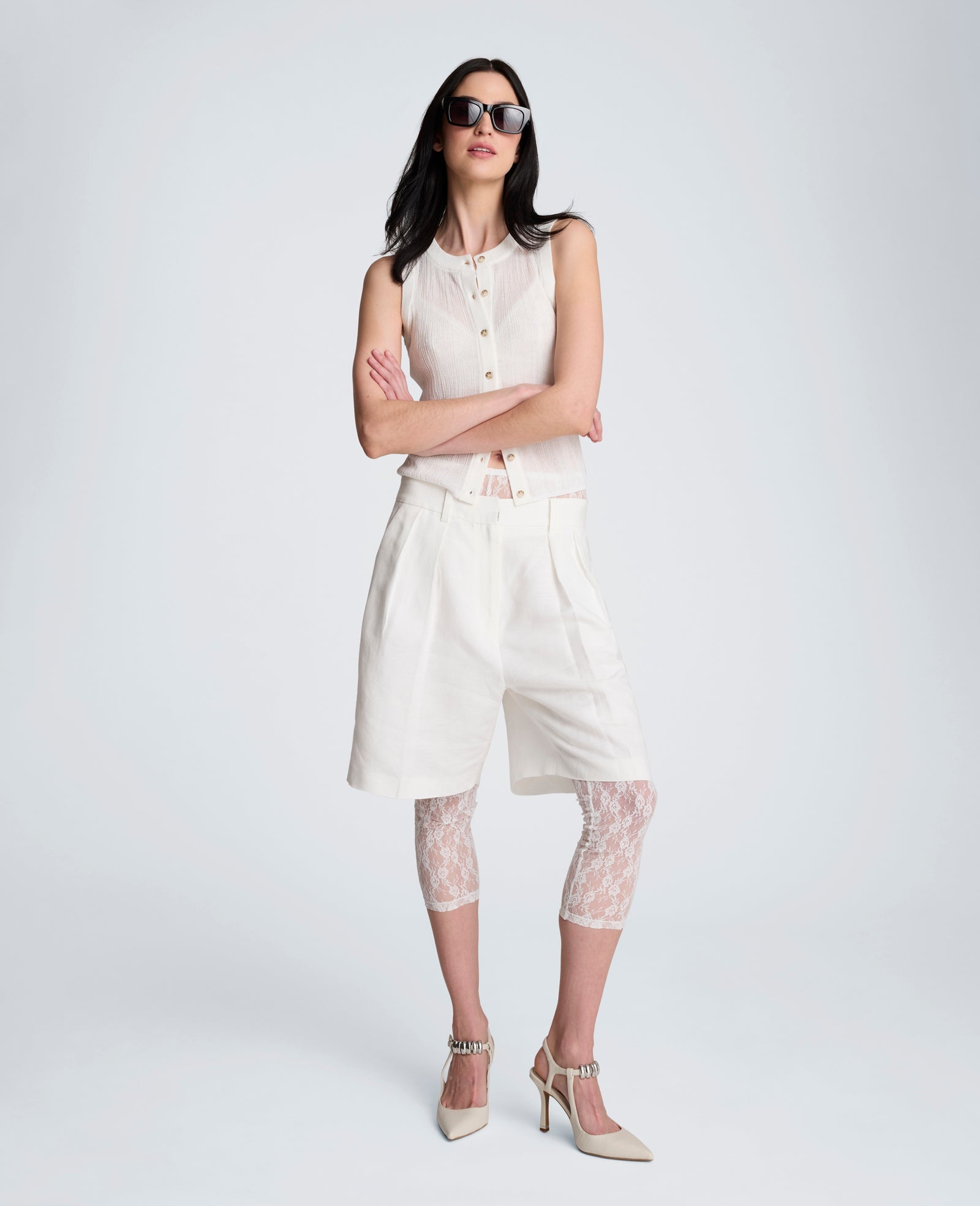 Fly Front High Rise Pleated Short Bermuda Refined Linen Short | Kenneth Cole PURE WHITE