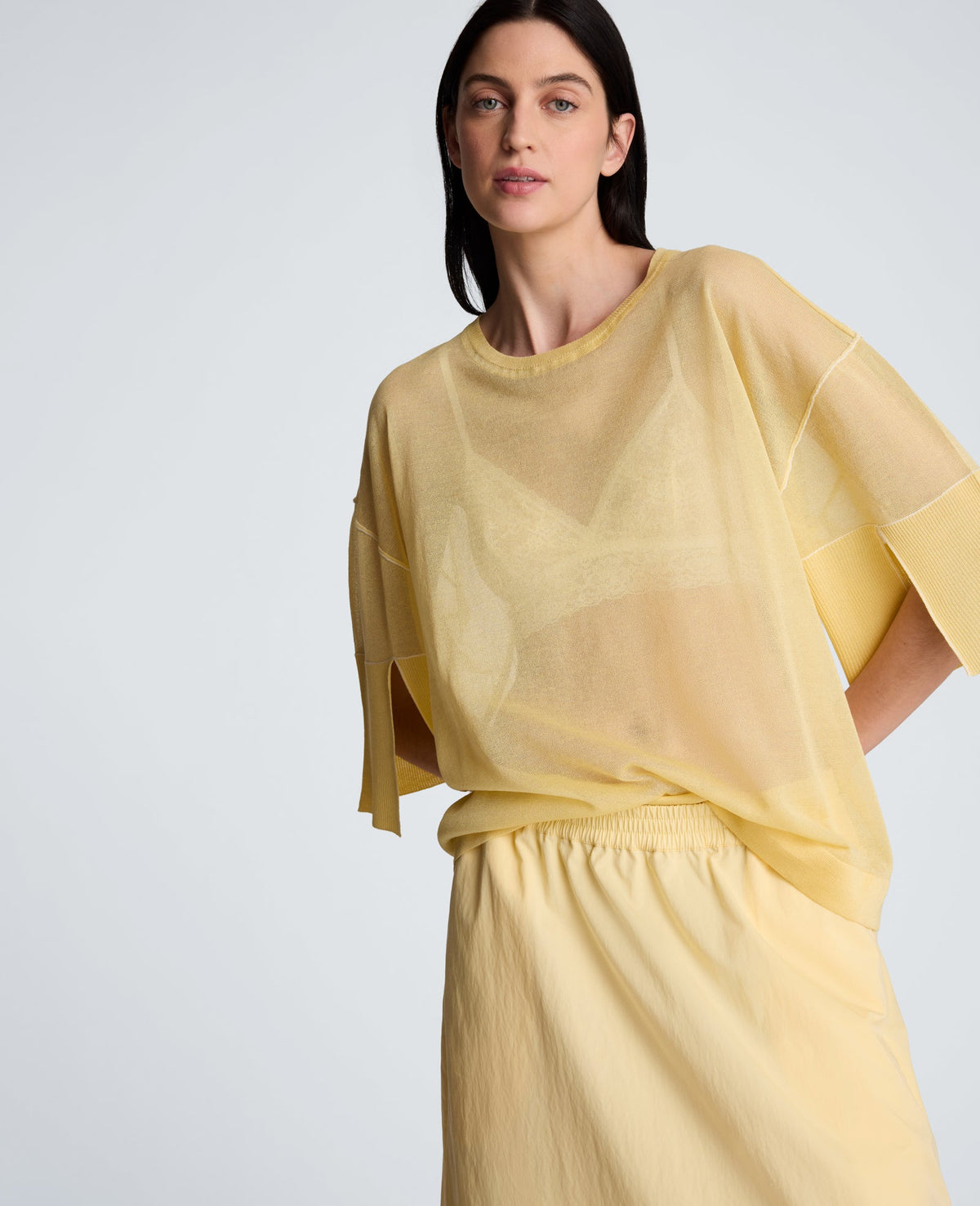 Semi Sheer Crew Neck with Slit Sleeves | Kenneth Cole PASTEL YELLOW