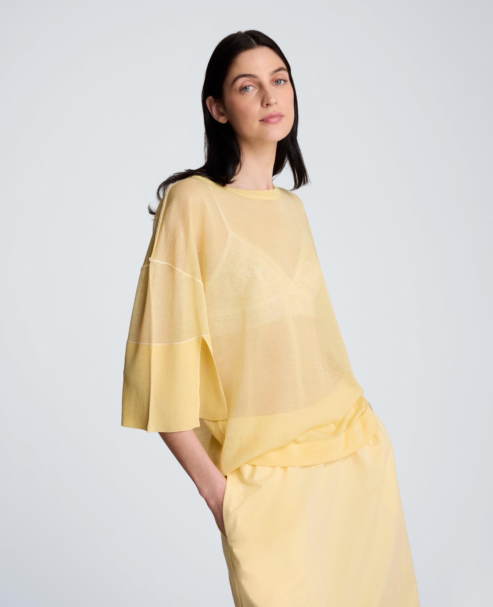 Semi Sheer Crew Neck with Slit Sleeves | Kenneth Cole PASTEL YELLOW