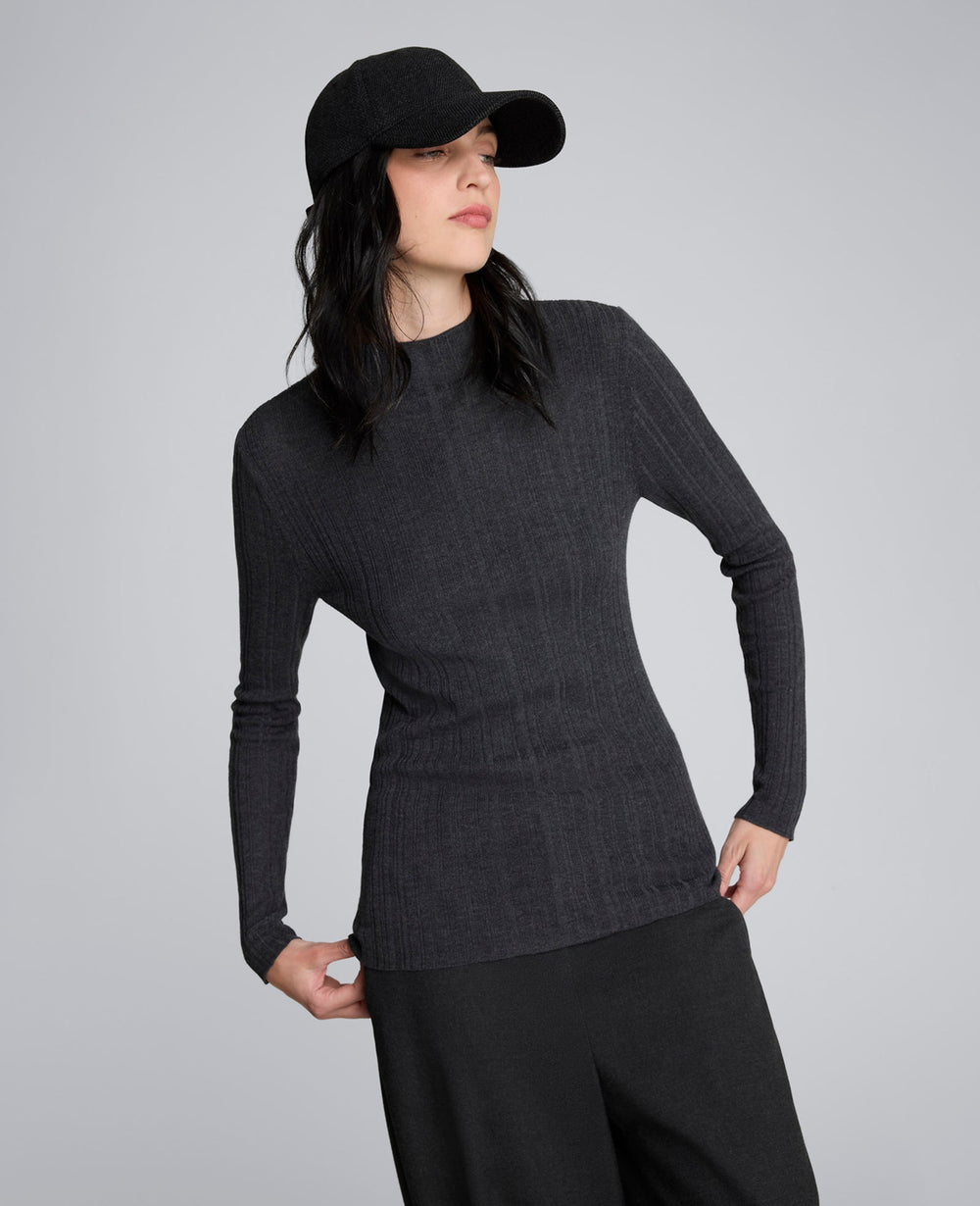 Long Sleeve Ribbed Mock Neck Sweater | Kenneth Cole CHARCOLE