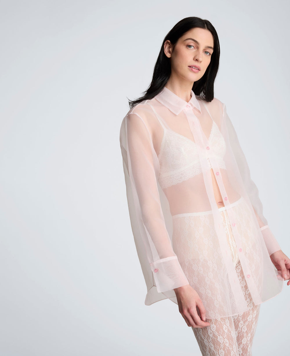 Sheer Organza Oversized Button Front Long Sleeve Shirt | Kenneth Cole CHINTZ PINK