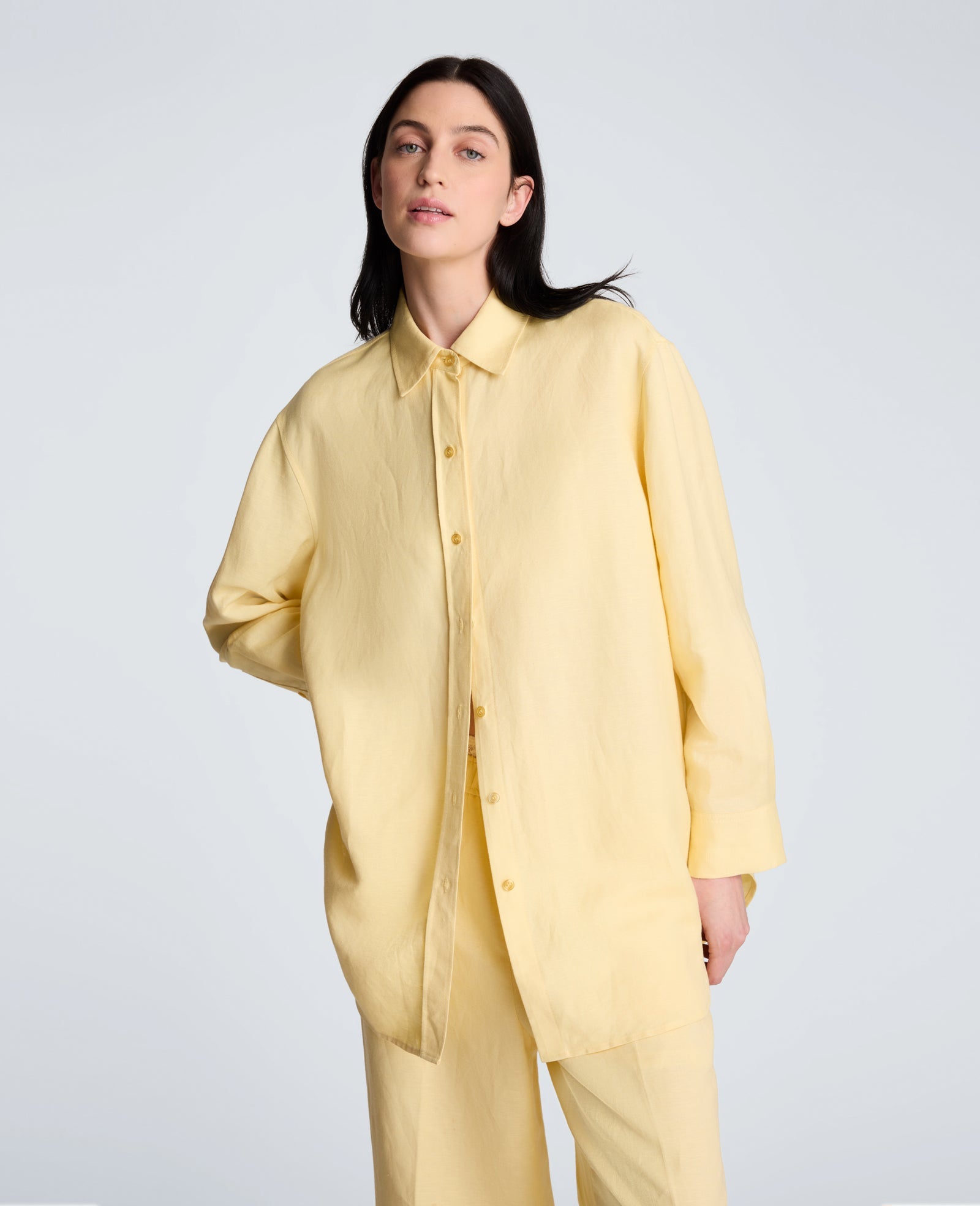 Refined Linen Drop Shoulder Button Down Boyfriend Shirt | Kenneth Cole PASTEL YELLOW