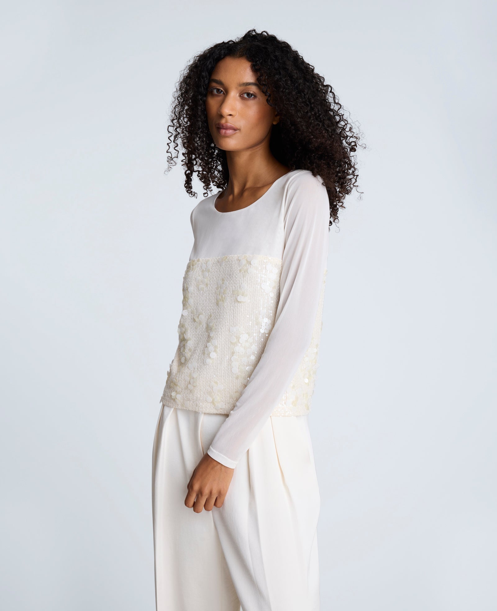 Shop Sequin Mesh Long Sleeve Top in Oyster | Kenneth Cole | Kenneth Cole OYSTER