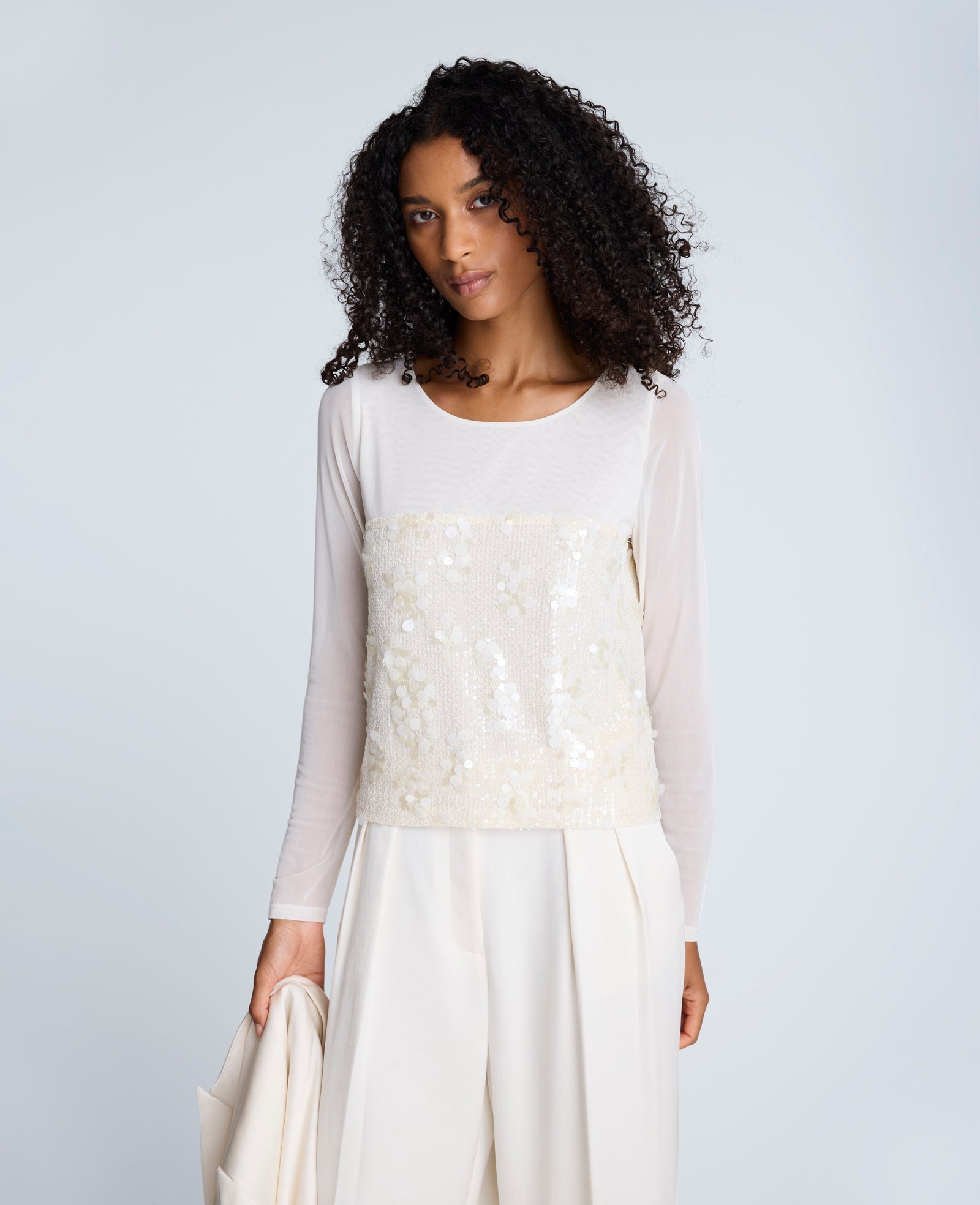 Shop Sequin Mesh Long Sleeve Top in Oyster | Kenneth Cole | Kenneth Cole OYSTER