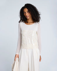 Shop Sequin Mesh Long Sleeve Top in Oyster | Kenneth Cole | Kenneth Cole OYSTER