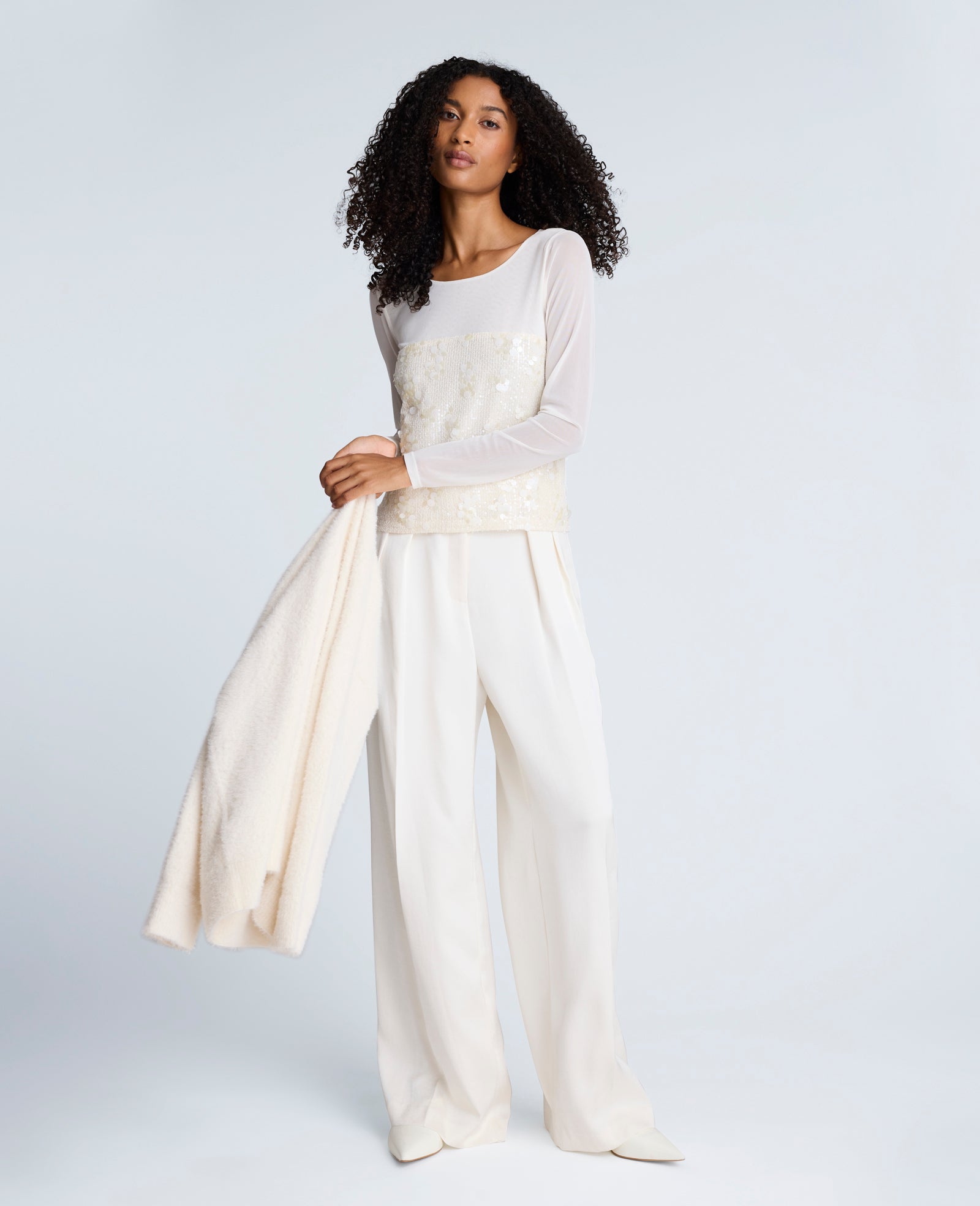 Shop Sequin Mesh Long Sleeve Top in Oyster | Kenneth Cole | Kenneth Cole OYSTER