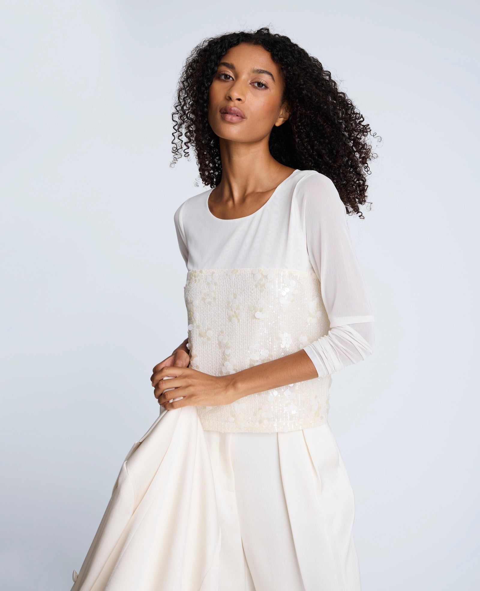 Shop Sequin Mesh Long Sleeve Top in Oyster | Kenneth Cole | Kenneth Cole OYSTER