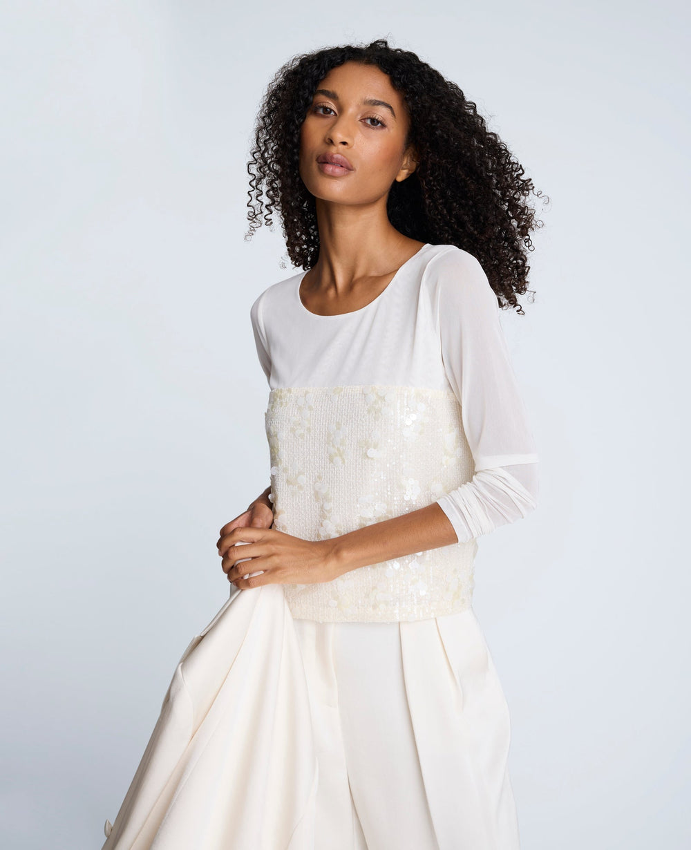 Shop Sequin Mesh Long Sleeve Top in Oyster | Kenneth Cole | Kenneth Cole OYSTER
