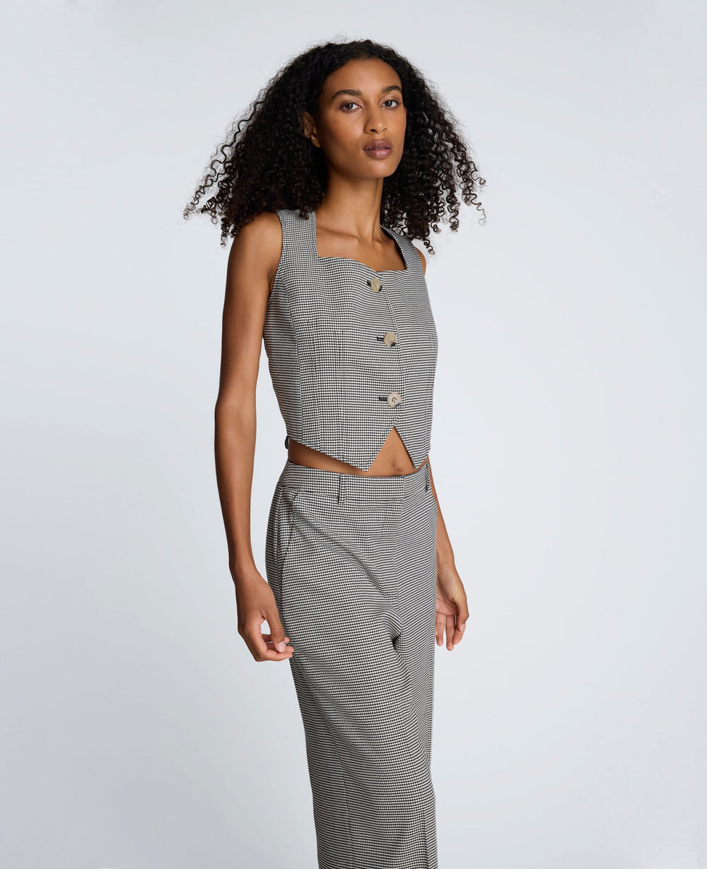 Cropped Fitted Bodice Houndstooth Vest | Kenneth Cole OYSTER/BLACK