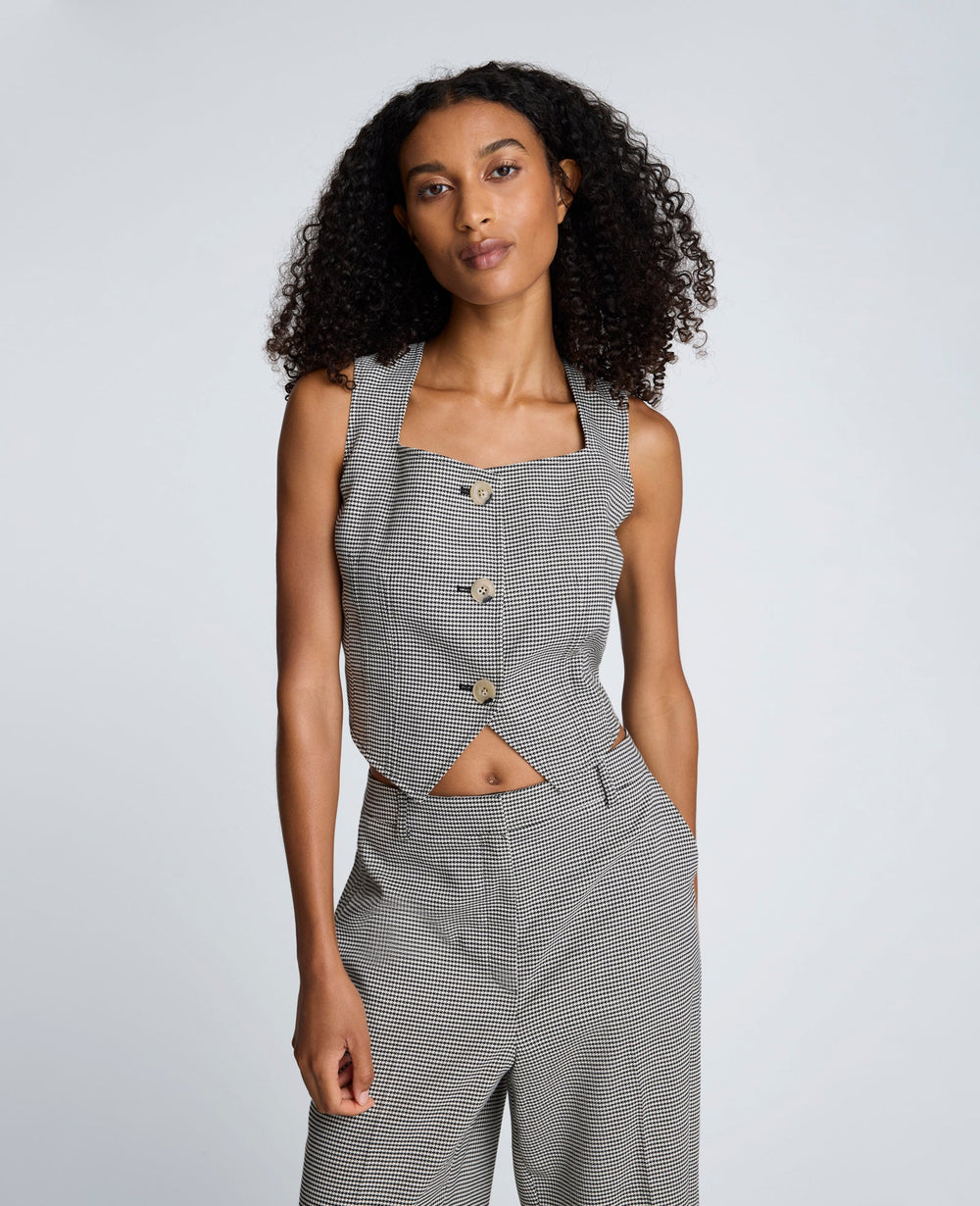 Cropped Fitted Bodice Houndstooth Vest | Kenneth Cole OYSTER/BLACK