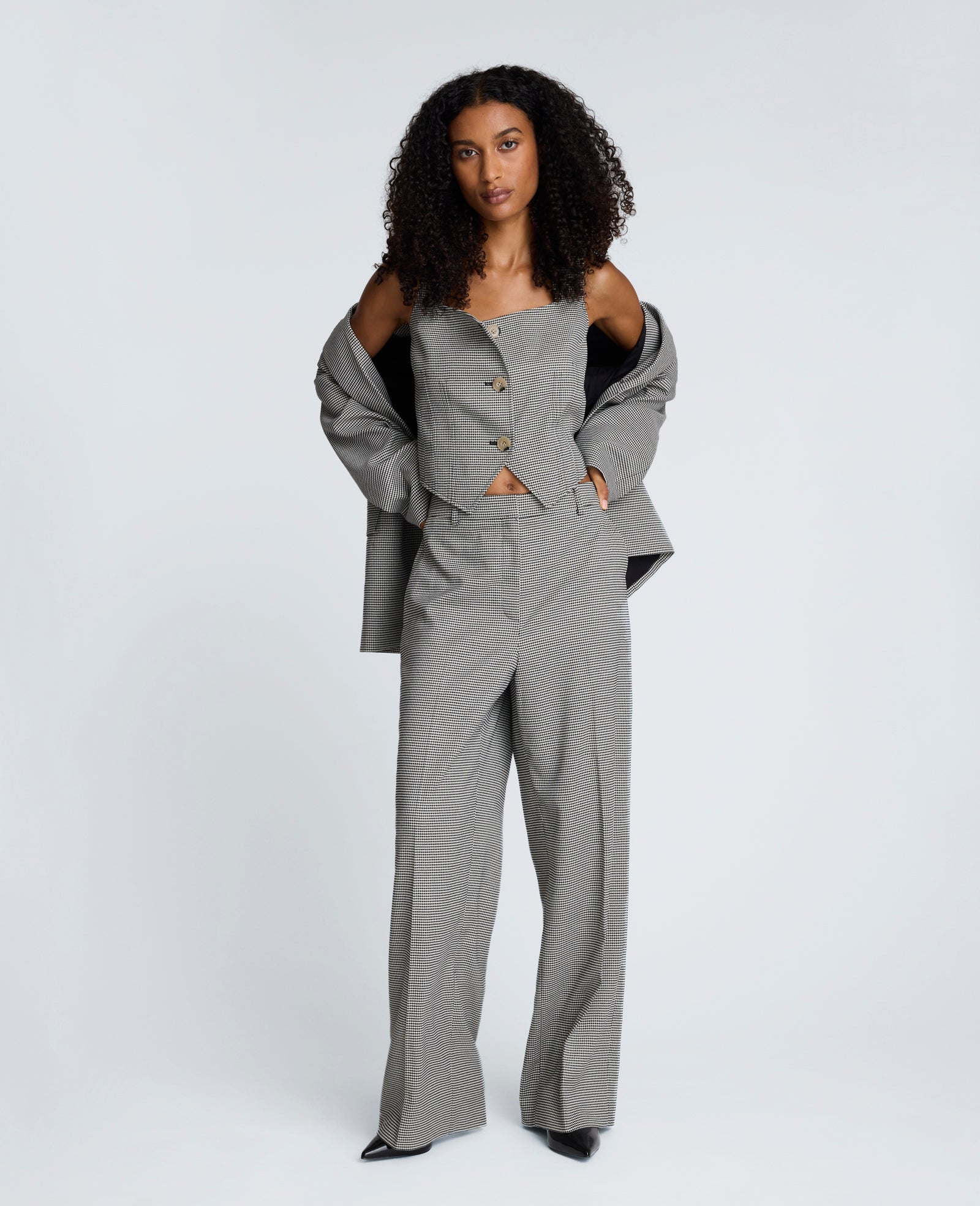Cropped Fitted Bodice Houndstooth Vest | Kenneth Cole OYSTER/BLACK