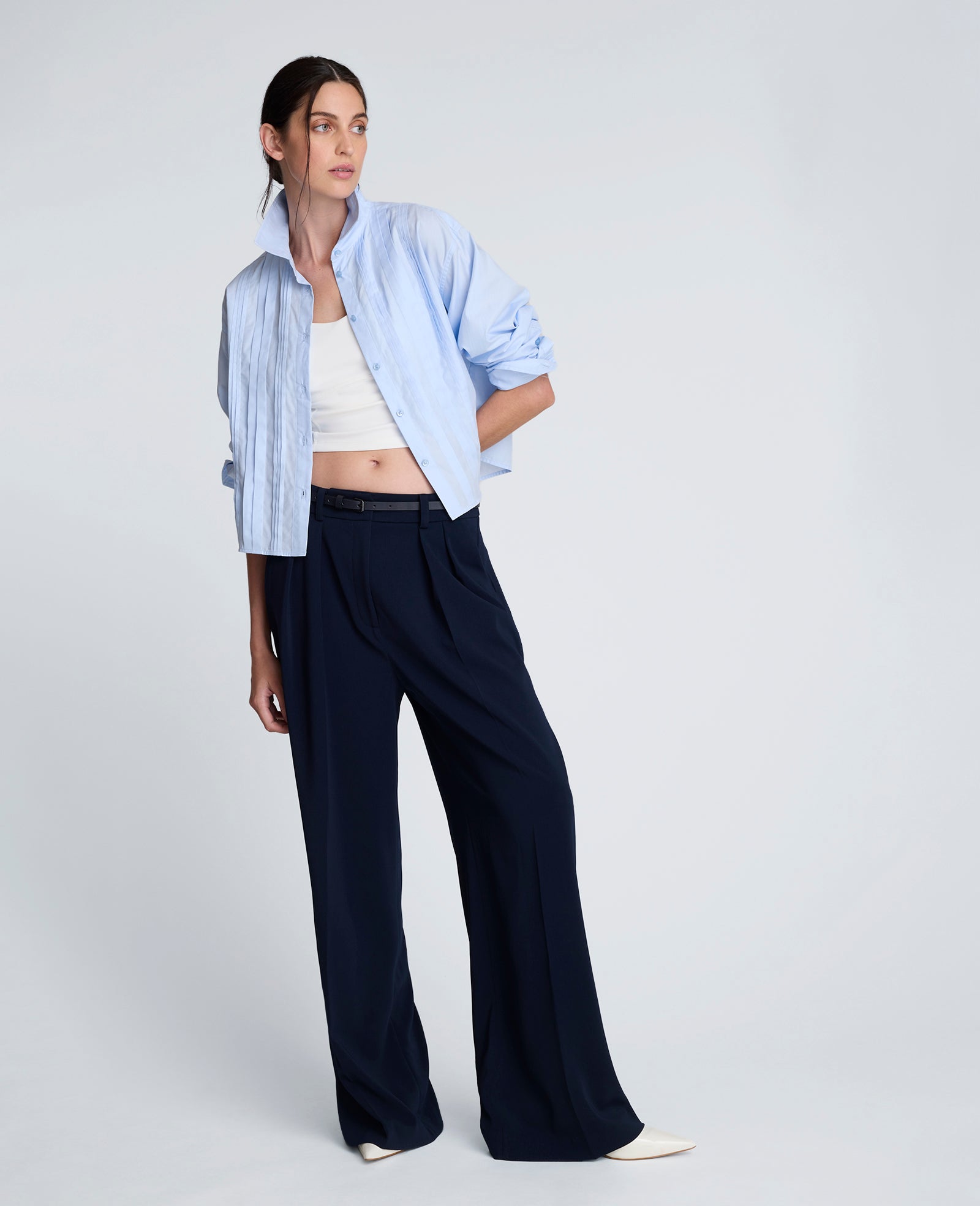 Cropped Tuxedo Style Long Sleeve Button Down Blouse | Kenneth Cole CLOUD BLUE