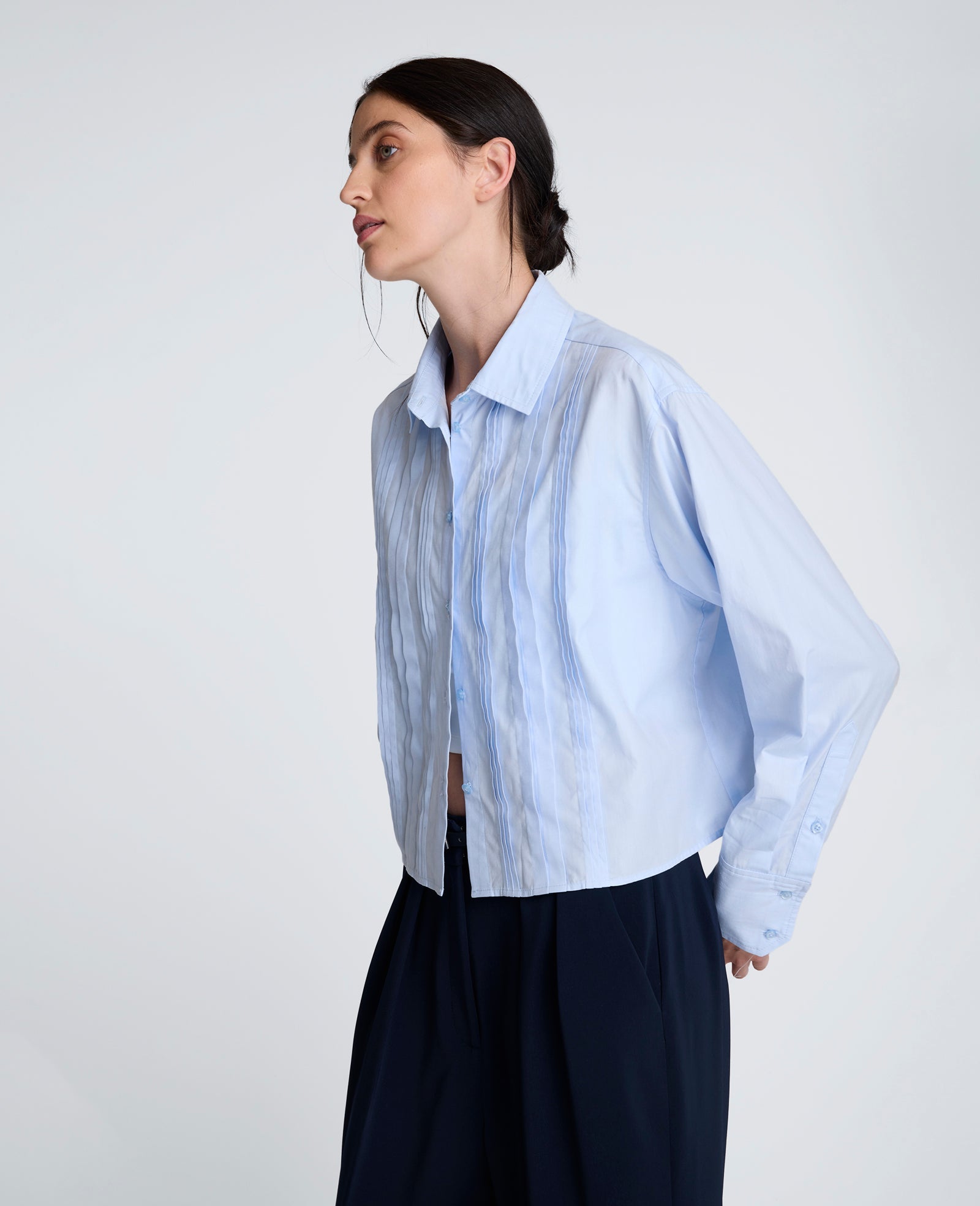 Cropped Tuxedo Style Long Sleeve Button Down Blouse | Kenneth Cole CLOUD BLUE