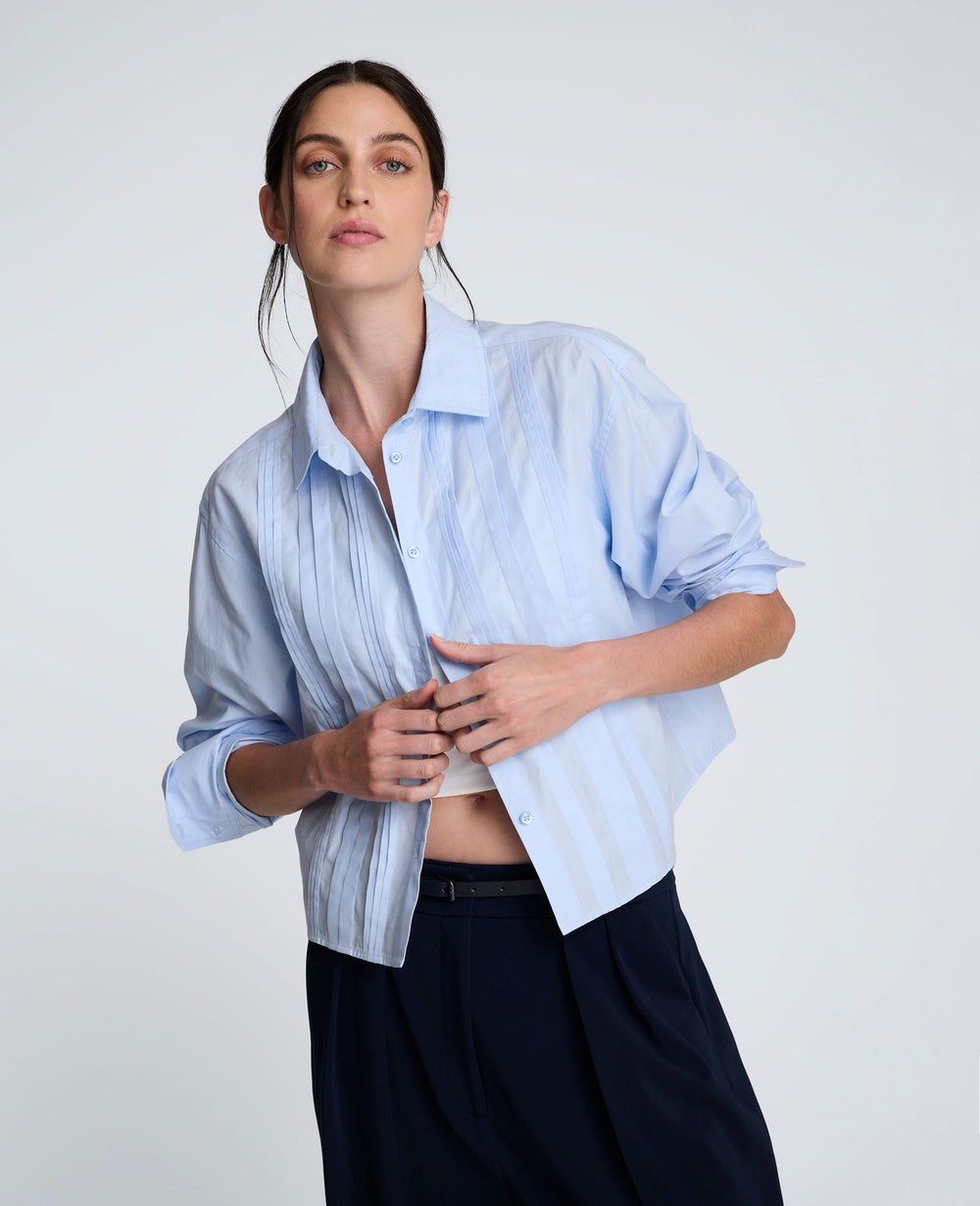 Cropped Tuxedo Style Long Sleeve Button Down Blouse | Kenneth Cole CLOUD BLUE