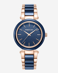 Shop Women’s Two-Tone Blue Ceramic Bracelet Watch | KC | Kenneth Cole BLUE / ROSE GOLD