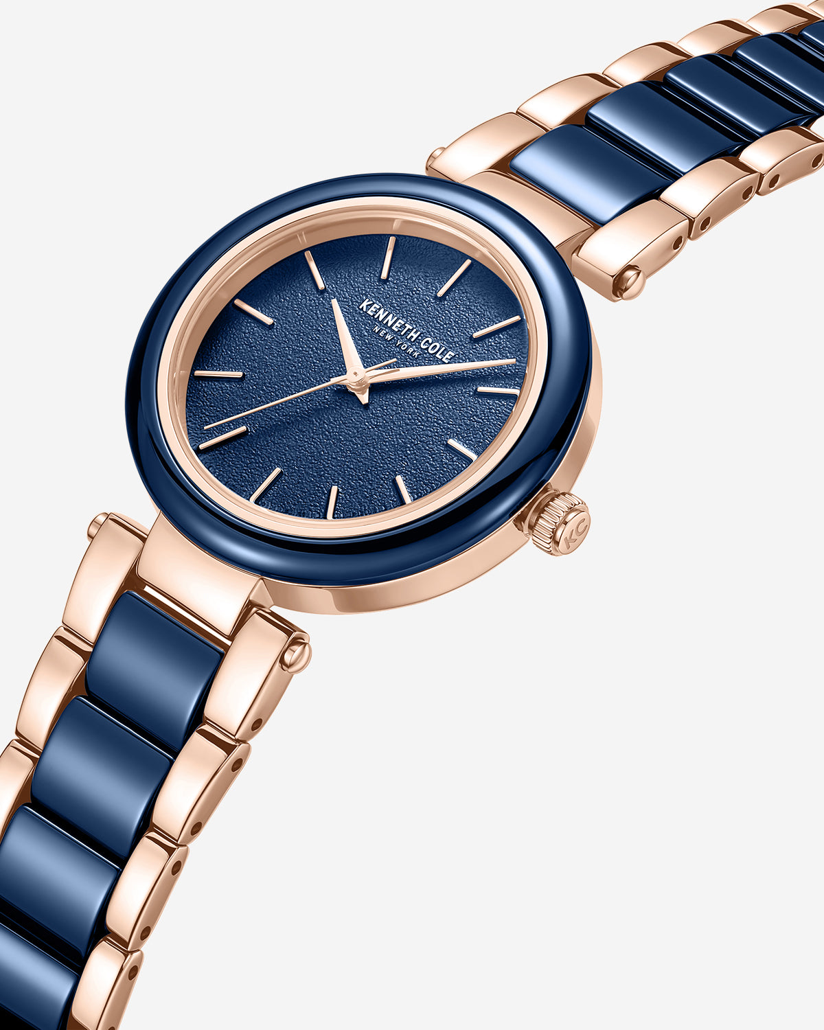Shop Women’s Two-Tone Blue Ceramic Bracelet Watch | KC | Kenneth Cole BLUE / ROSE GOLD
