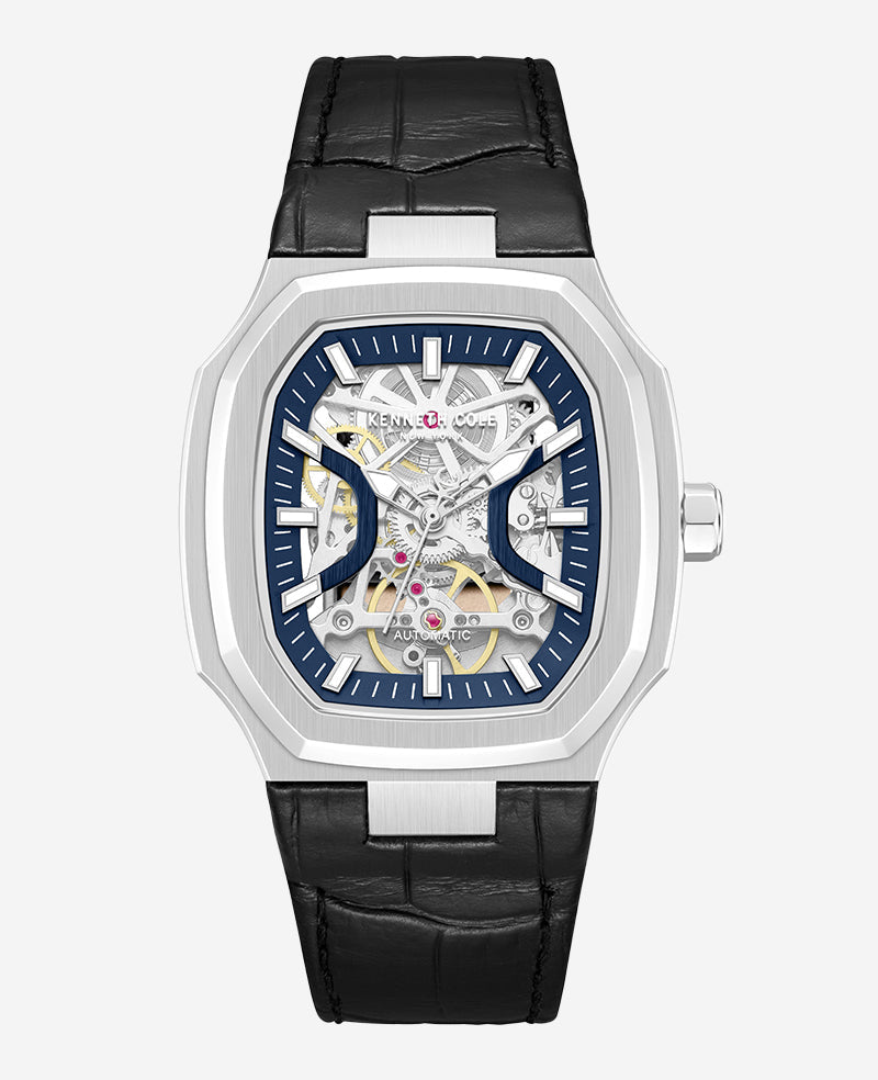 Skeleton Automatic Two-Tone Dial Leather Strap Watch | Kenneth Cole SILVER
