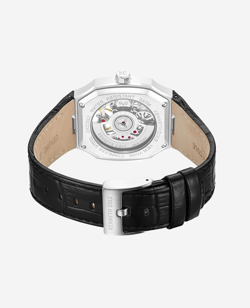 Skeleton Automatic Two-Tone Dial Leather Strap Watch | Kenneth Cole SILVER