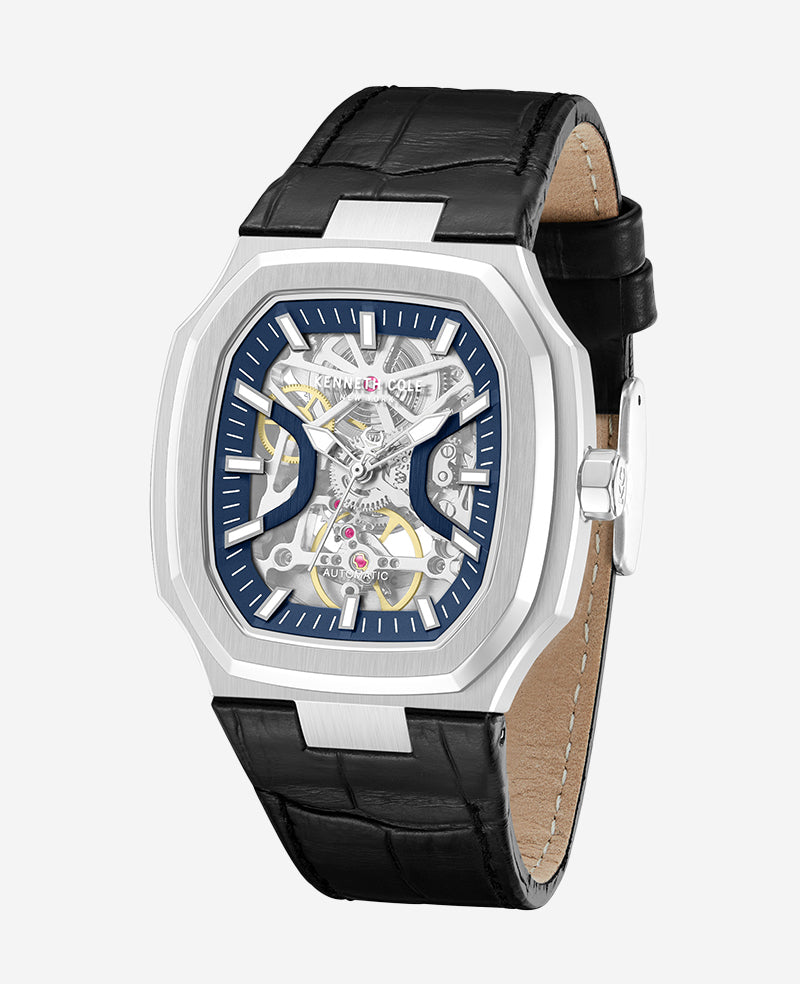 Skeleton Automatic Two-Tone Dial Leather Strap Watch | Kenneth Cole SILVER