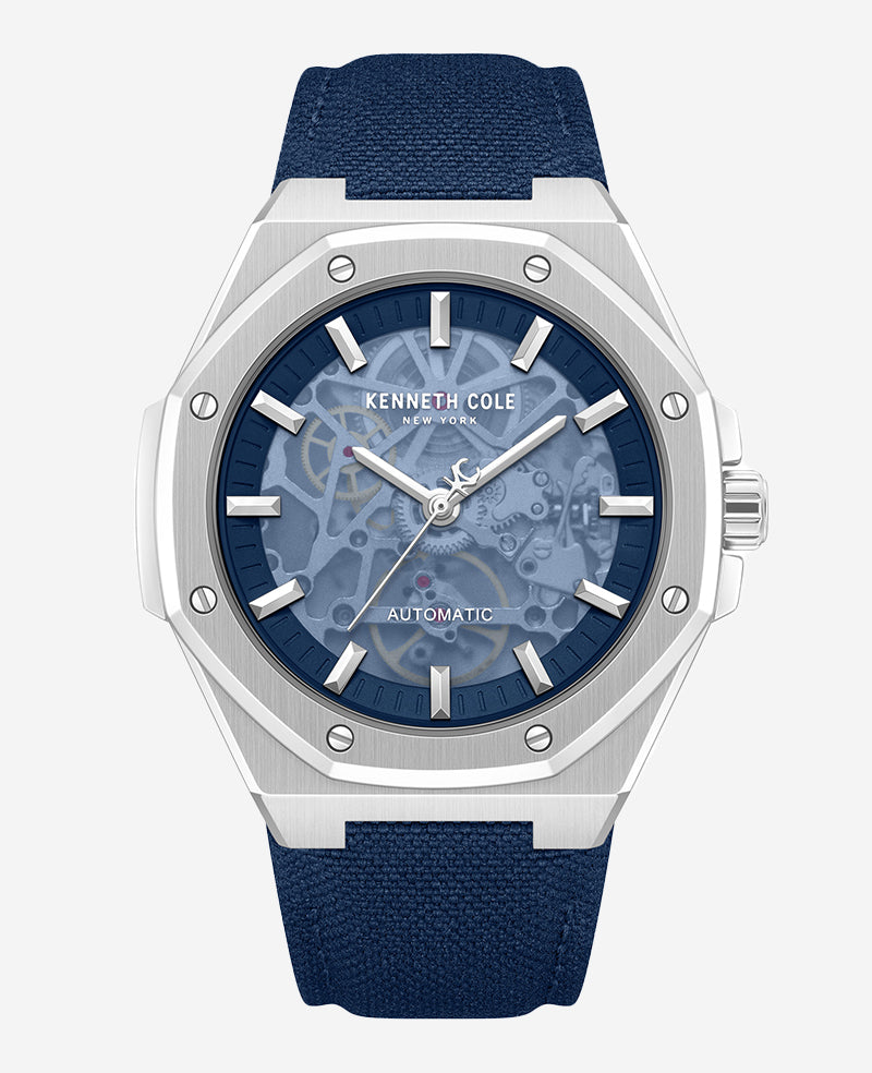 Skeleton Automatic Blue Dial Nylon Strap Watch | Kenneth Cole SILVER