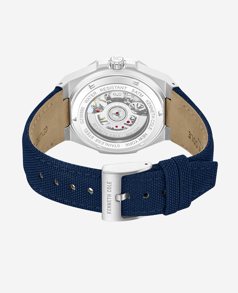 Skeleton Automatic Blue Dial Nylon Strap Watch | Kenneth Cole SILVER