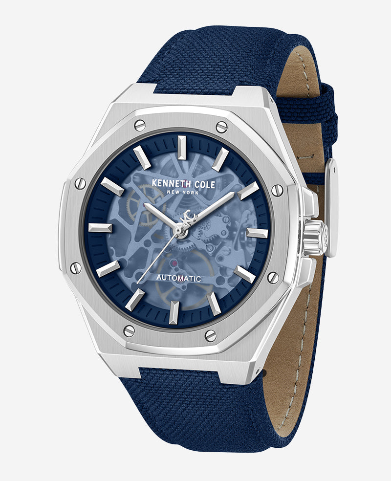 Skeleton Automatic Blue Dial Nylon Strap Watch | Kenneth Cole SILVER